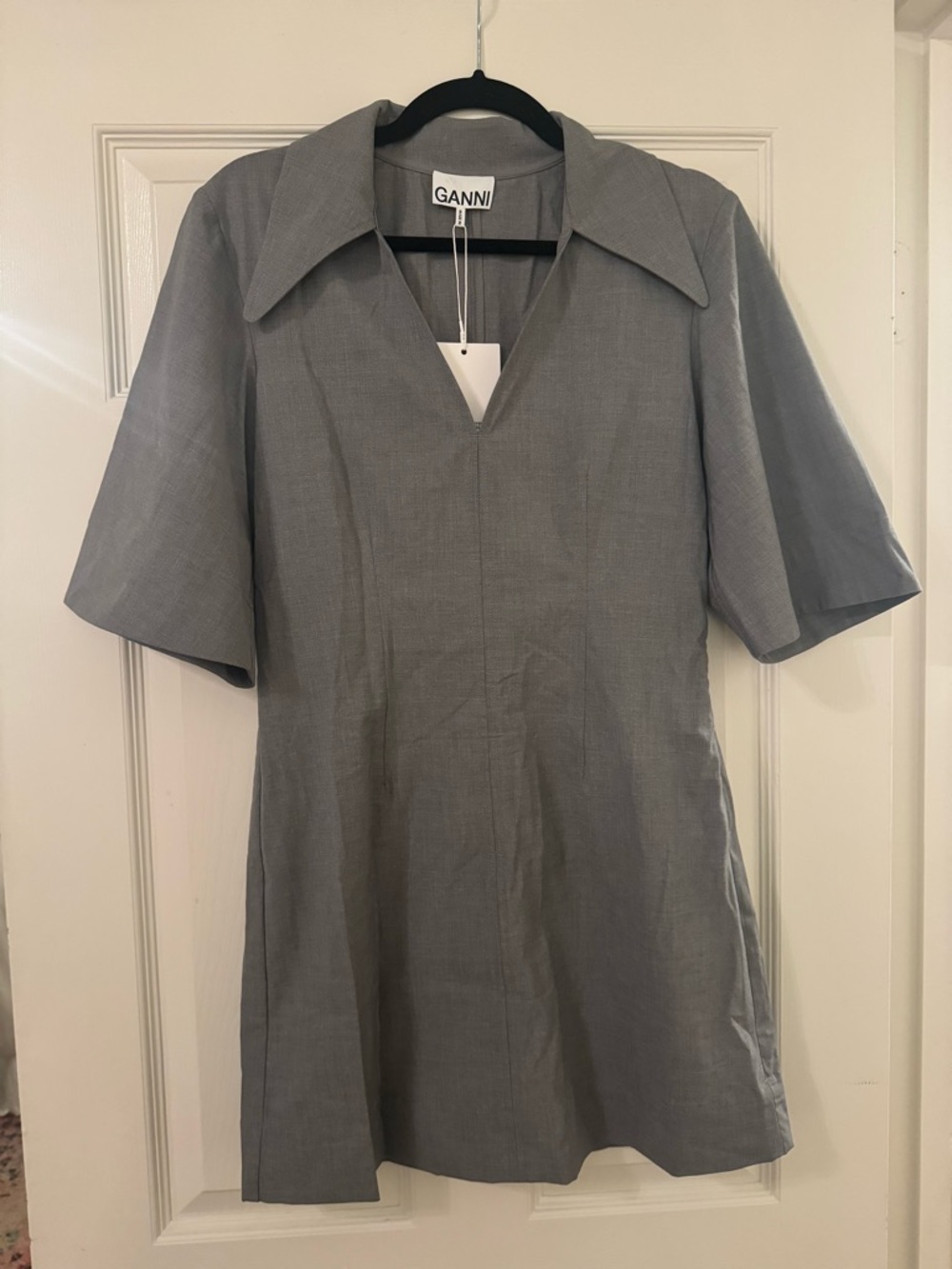 Ganni Gray V-Neck A-Line Mini Dress - Picture 3 of 5